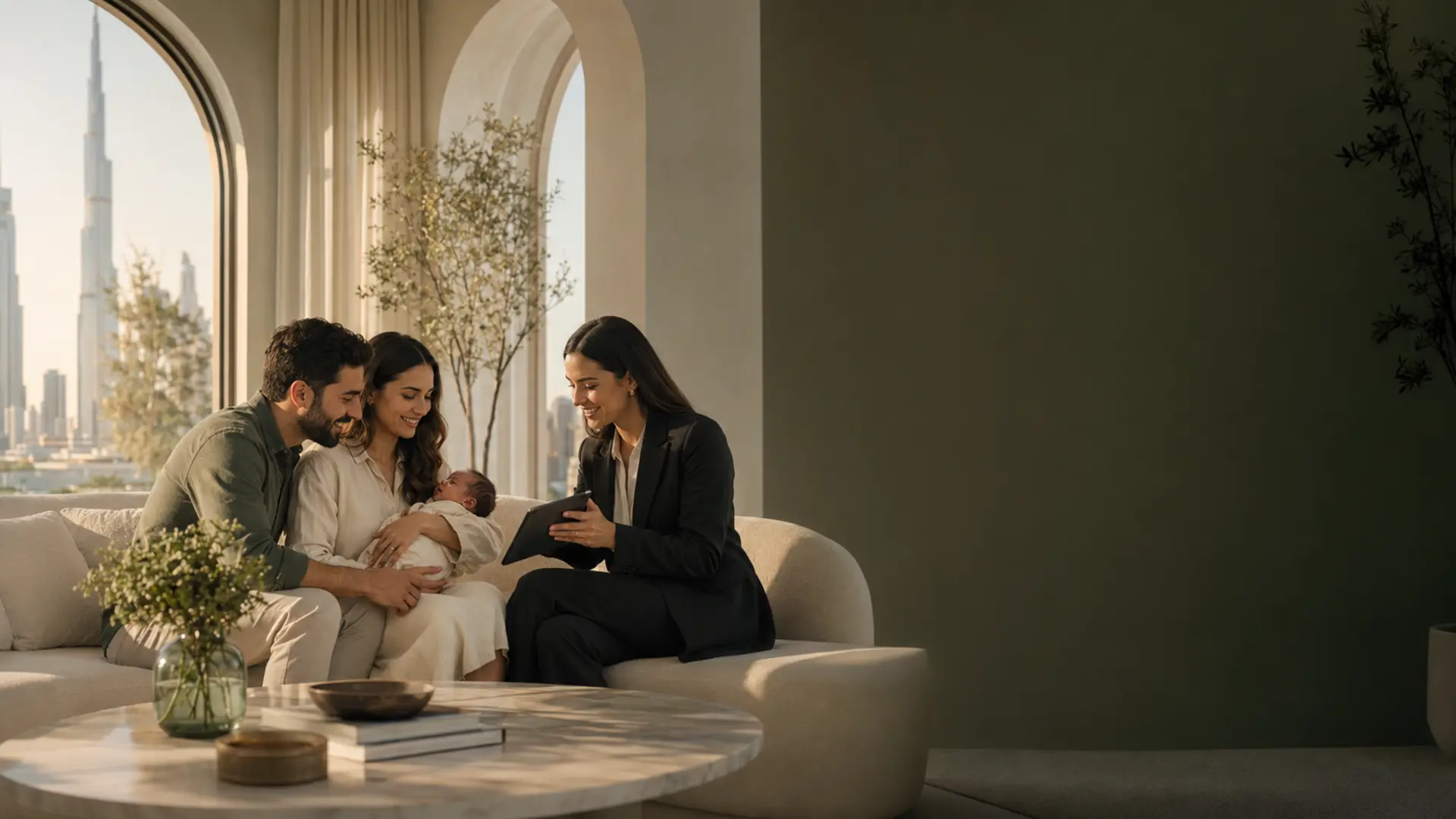 A family reviewing newborn documentation with an advisor
