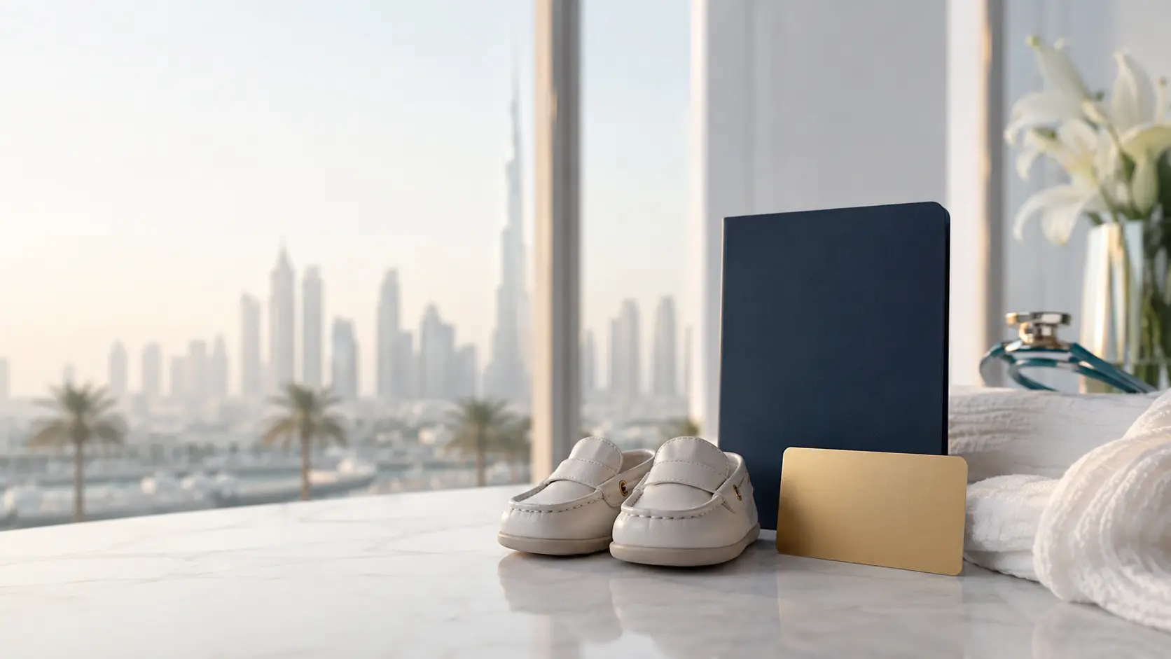 Newborn shoes with UAE residence documentation concept